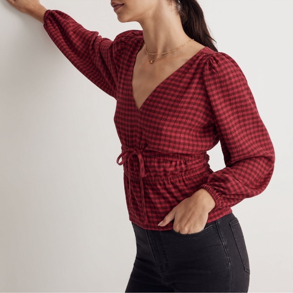 Madewell Crinkled V Neck Plaid Top Balloon Sleeve Size Medium